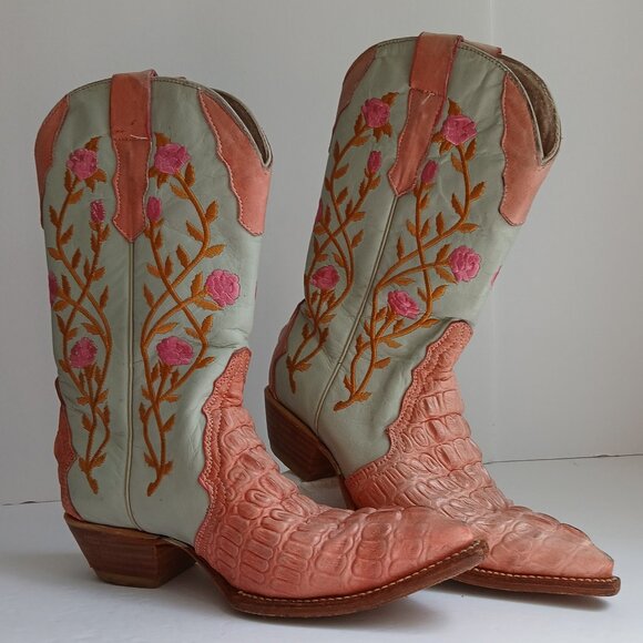 Pink Hornback Alligator SnipToe Boots Pink Roses Sewn on Cream Leather Sz 6 /23 - Picture 16 of 16